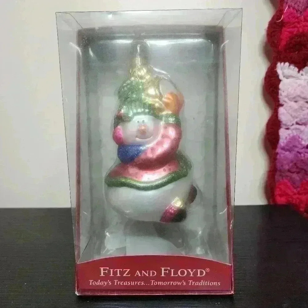 FITZ & FLOYD Glass Christmas Ornament Holiday Snowman Tambourine Snow w/ Box